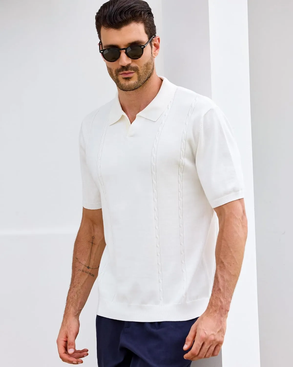 Kallspin Men's Cotton Knit Polo Shirt Short Sleeve Textured Ribbed Collar Stylish Summer Beach Casual Polo