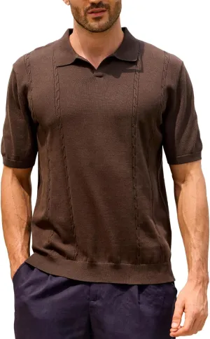 Kallspin Men's Cotton Knit Polo Shirt Short Sleeve Textured Ribbed Collar Stylish Summer Beach Casual Polo