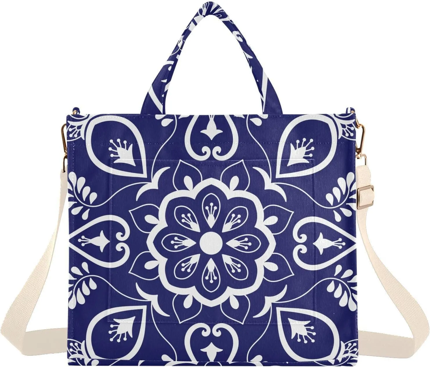 Kigai Blue Mexican Talavera Corduroy Tote Bag for Women Hobo Crossbody Bag Purse Stylish Shoulder Handbag Messenger Bags, S