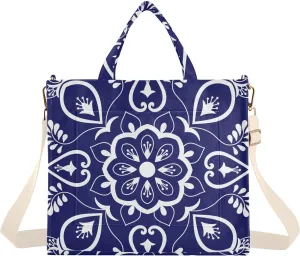 Kigai Blue Mexican Talavera Corduroy Tote Bag for Women Hobo Crossbody Bag Purse Stylish Shoulder Handbag Messenger Bags, S