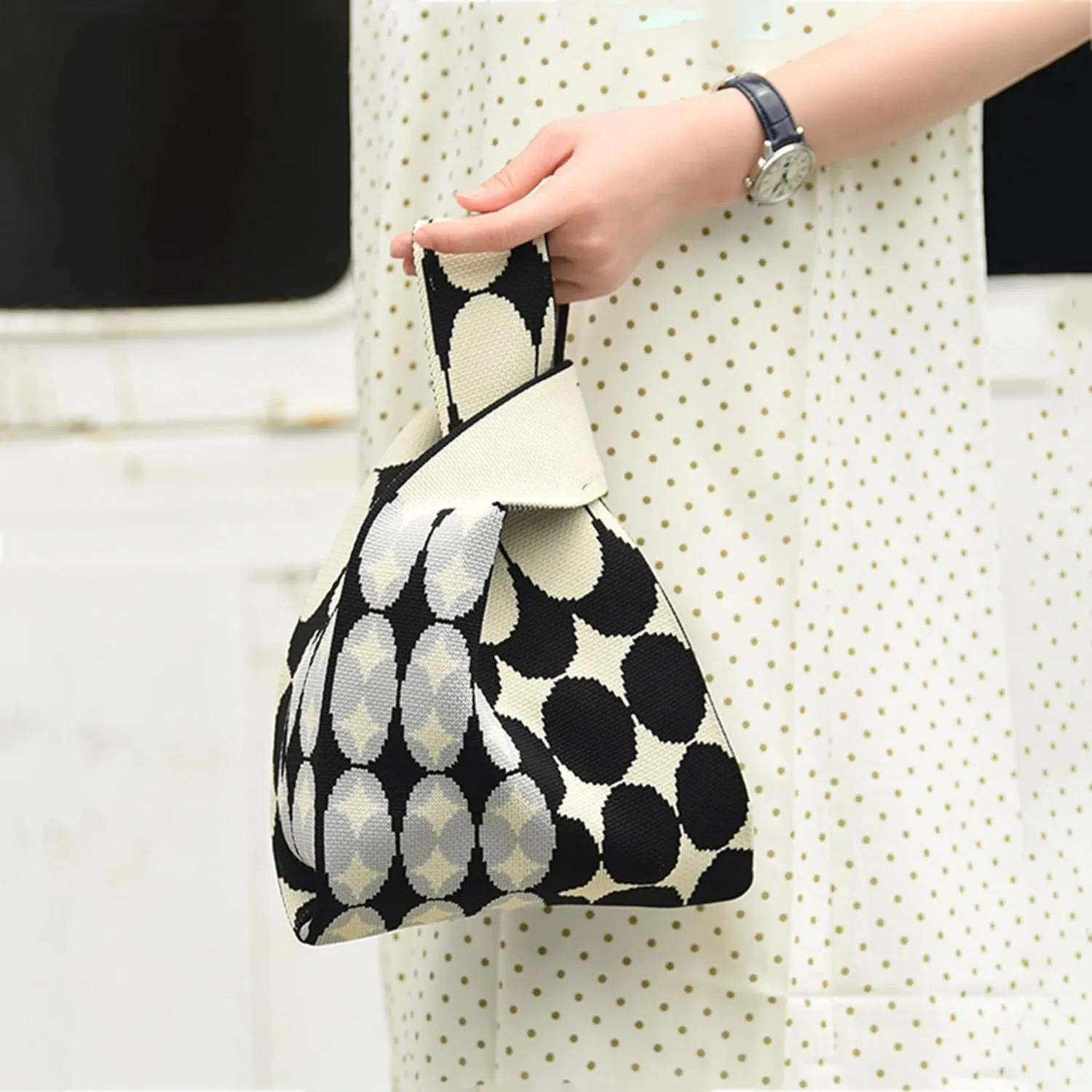 Knit Knot Wrist Bag, Knitted Handle Bag, Handmade Crochet Tote Bag, Colorful Blocking Vest Bag, Elegant Portable Purse