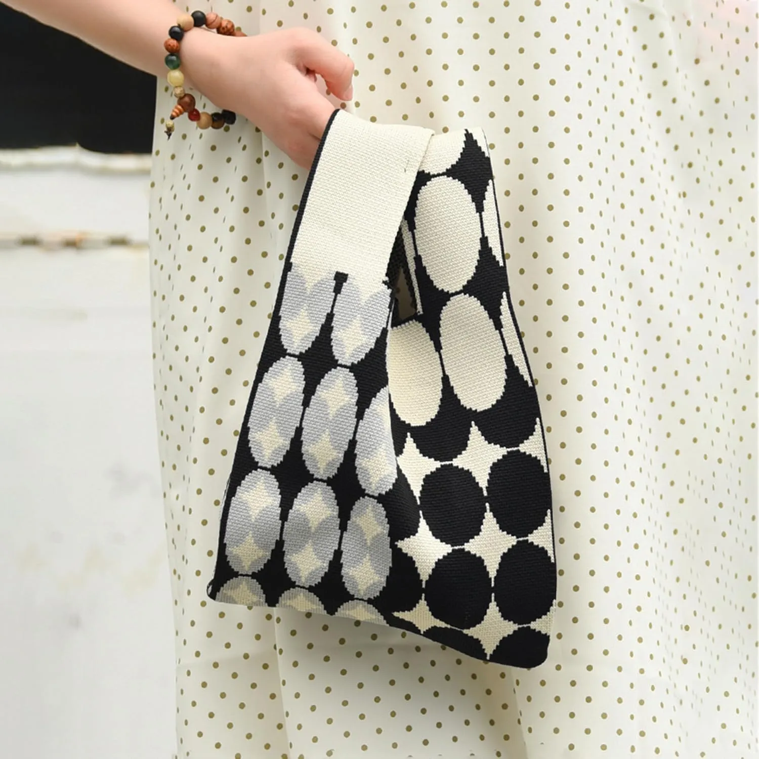 Knit Knot Wrist Bag, Knitted Handle Bag, Handmade Crochet Tote Bag, Colorful Blocking Vest Bag, Elegant Portable Purse