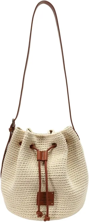 Knitted Drawstring Bucket Bag, Cream Cotton with Brown Leather Trim, Women's Spring Summer Casual Crossbody Shoulder Bag Lightweight Stylish Purse