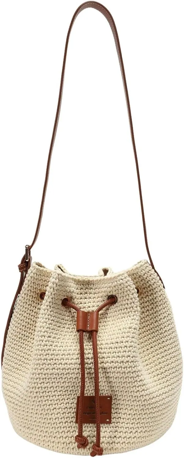 Knitted Drawstring Bucket Bag, Cream Cotton with Brown Leather Trim, Women's Spring Summer Casual Crossbody Shoulder Bag Lightweight Stylish Purse