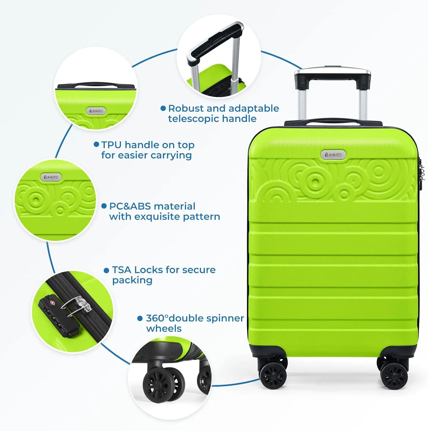 Krute Carry On Luggage 22x14x9 Airline Approved Hard Shell Luggage with Spinner Wheels, 20 Inch PC&ABS TSA Lock kids suitcaseAppleGreen