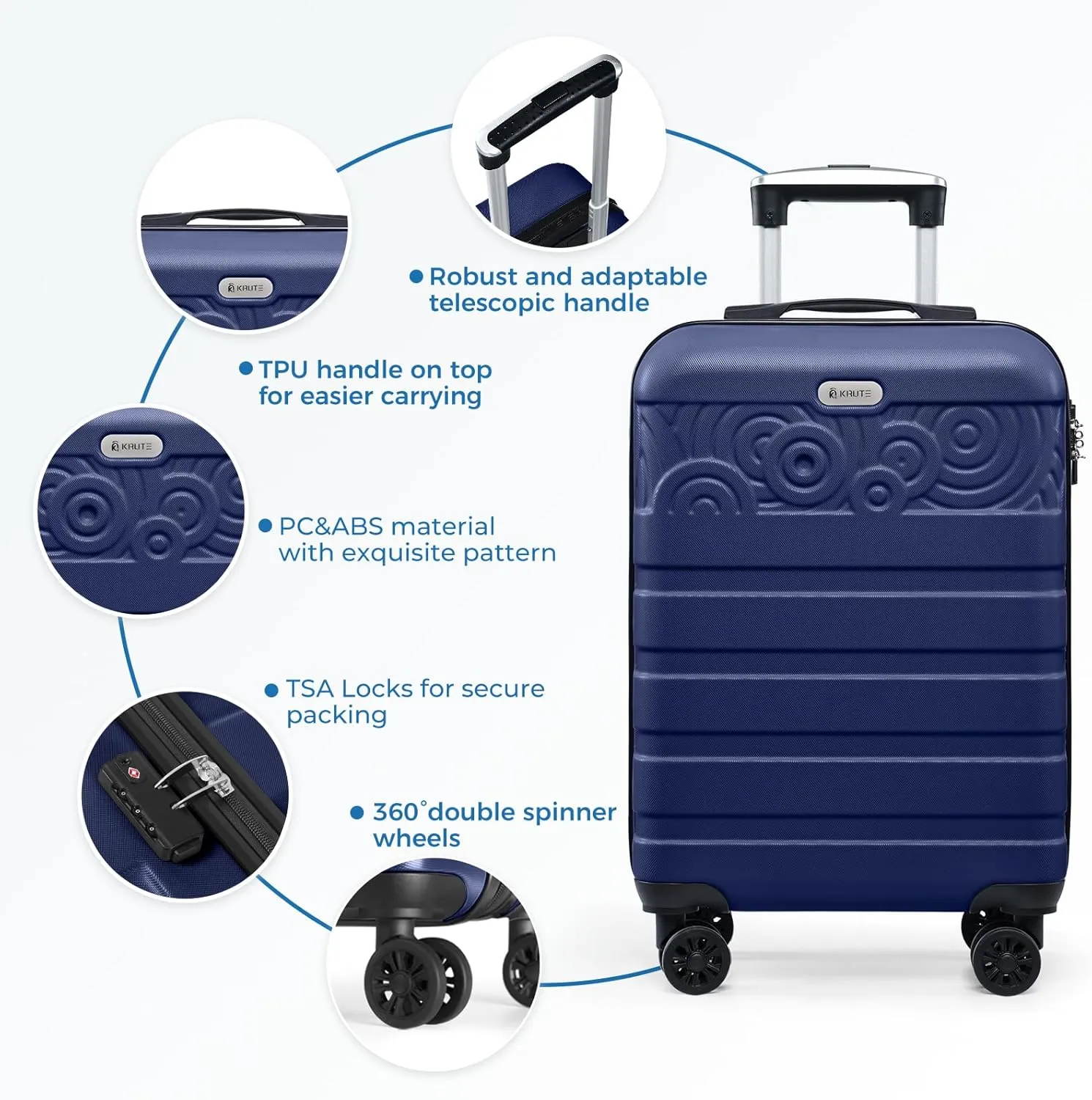 Krute Carry On Luggage 22x14x9 Airline Approved Hard Shell Luggage with Spinner Wheels, 20 Inch PC&ABS TSA Lock kids suitcaseDarkBlue