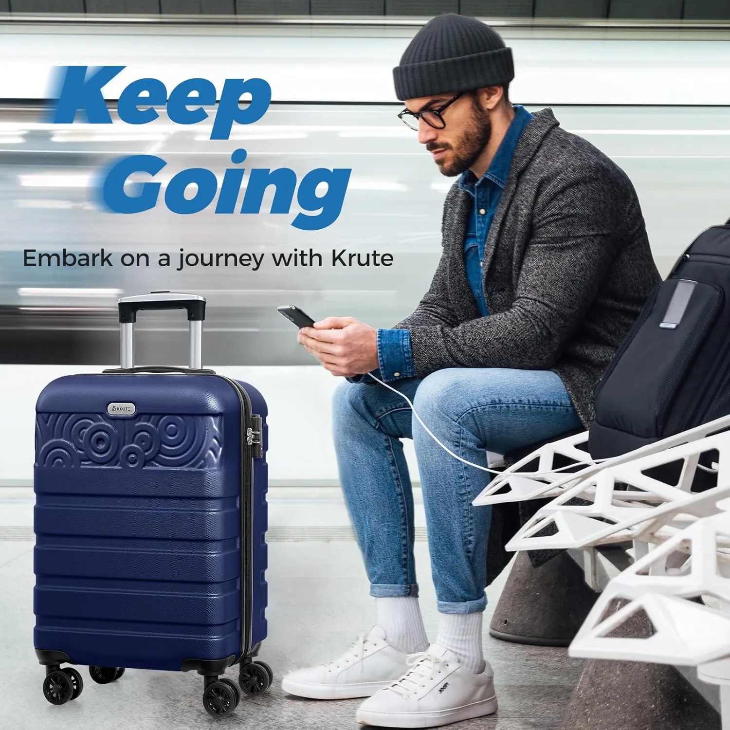 Krute Carry On Luggage 22x14x9 Airline Approved Hard Shell Luggage with Spinner Wheels, 20 Inch PC&ABS TSA Lock kids suitcaseDarkBlue
