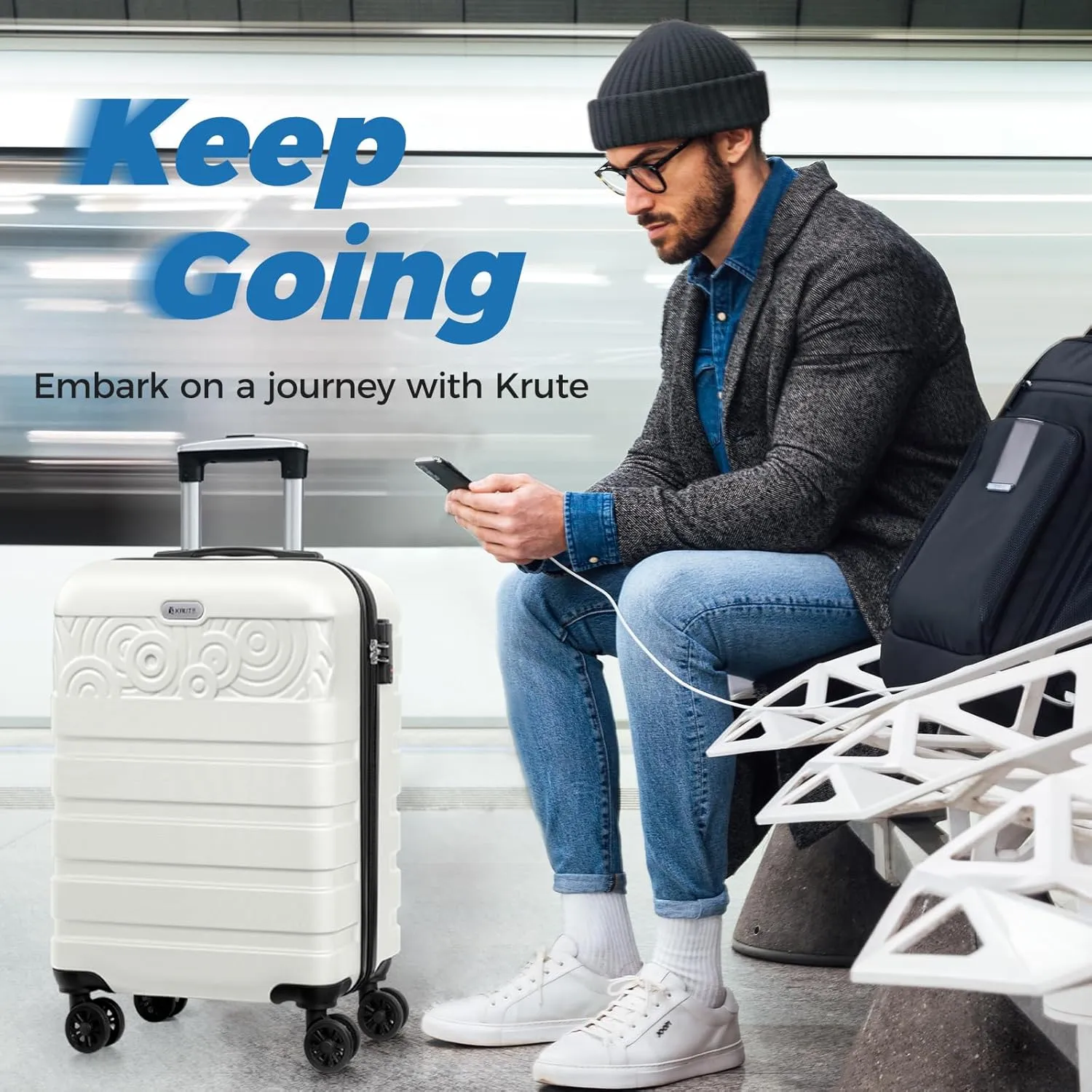 Krute Carry On Luggage 22x14x9 Airline Approved Hard Shell Luggage with Spinner Wheels, 20 Inch PC&ABS TSA Lock kids suitcaseWhite