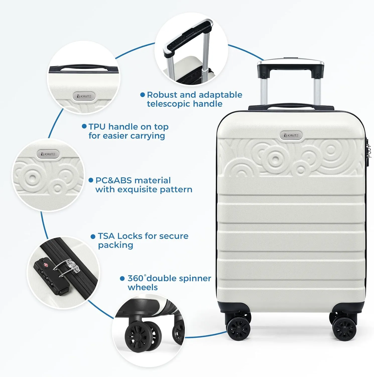 Krute Carry On Luggage 22x14x9 Airline Approved Hard Shell Luggage with Spinner Wheels, 20 Inch PC&ABS TSA Lock kids suitcaseWhite