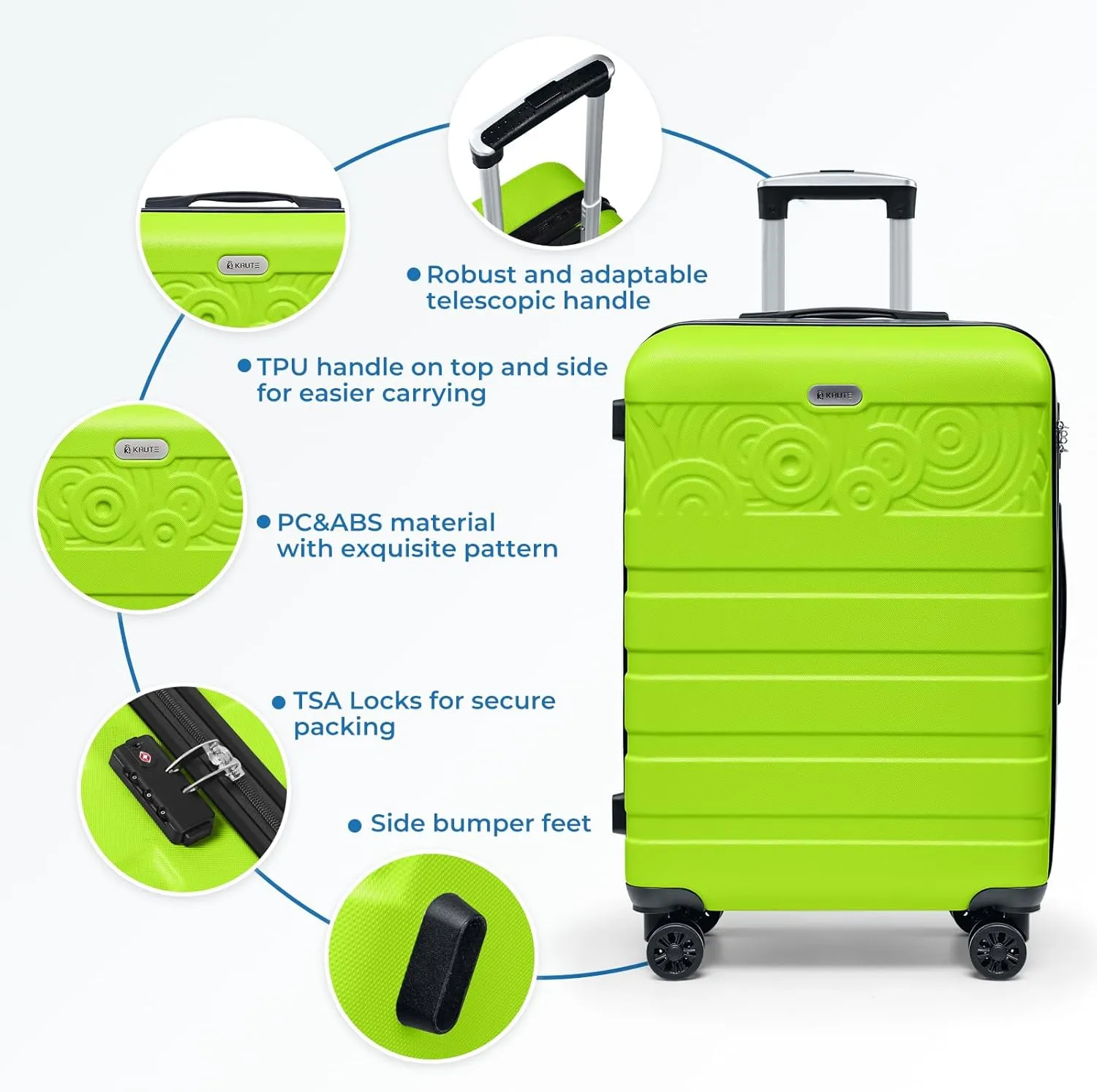 Krute Luggage Sets 3 Piece Luggages PC ABS Hardshell Suitcase with Wheels TSA Lock Approved Carry on Suitcase