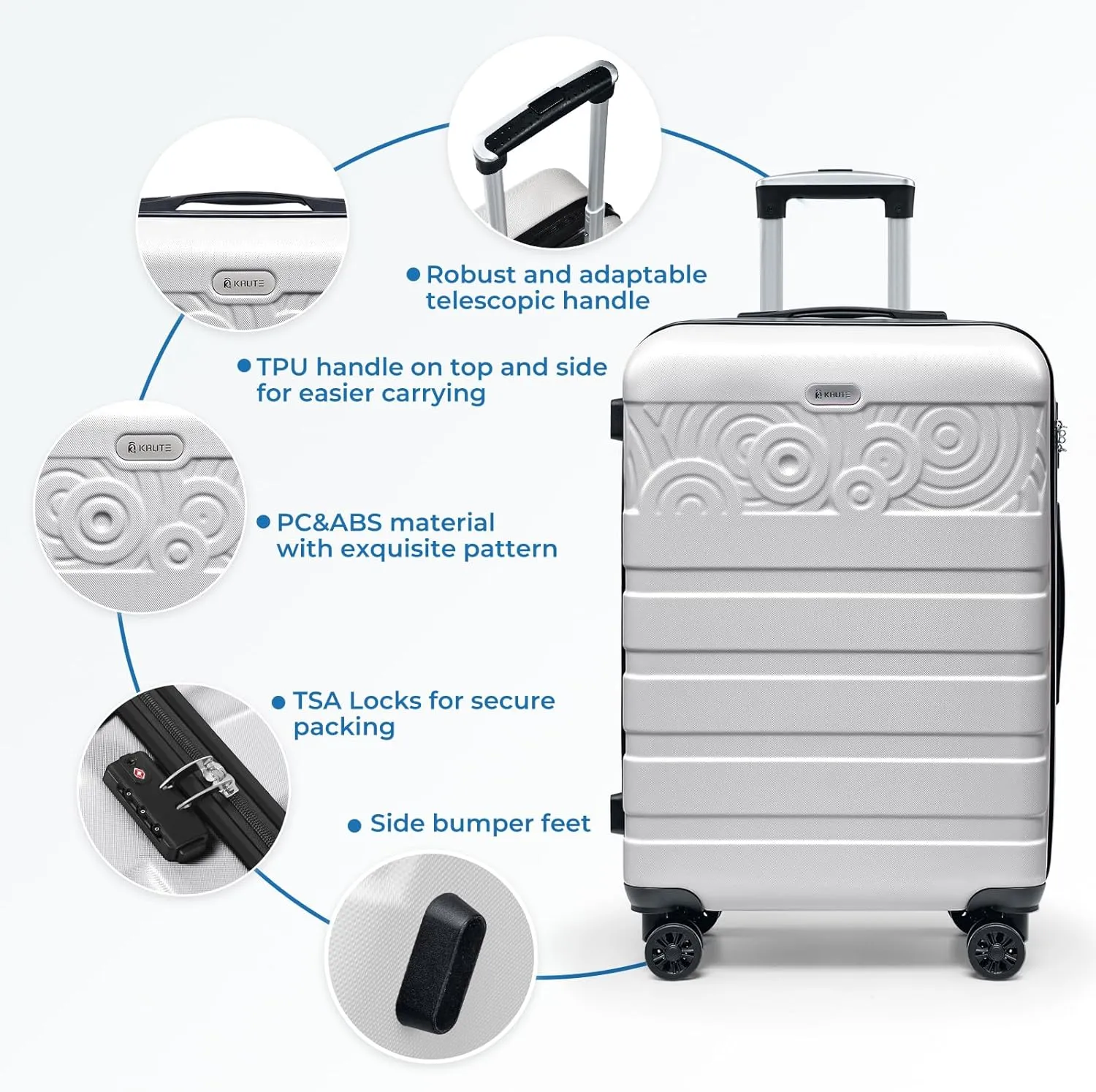 Krute Luggage Suitcases with Wheels 24 Inch Checked Luggage with Spinner Wheels Lightweight PC ABS TSA Lock Hard Shell Luggage Unique PatternsSilver