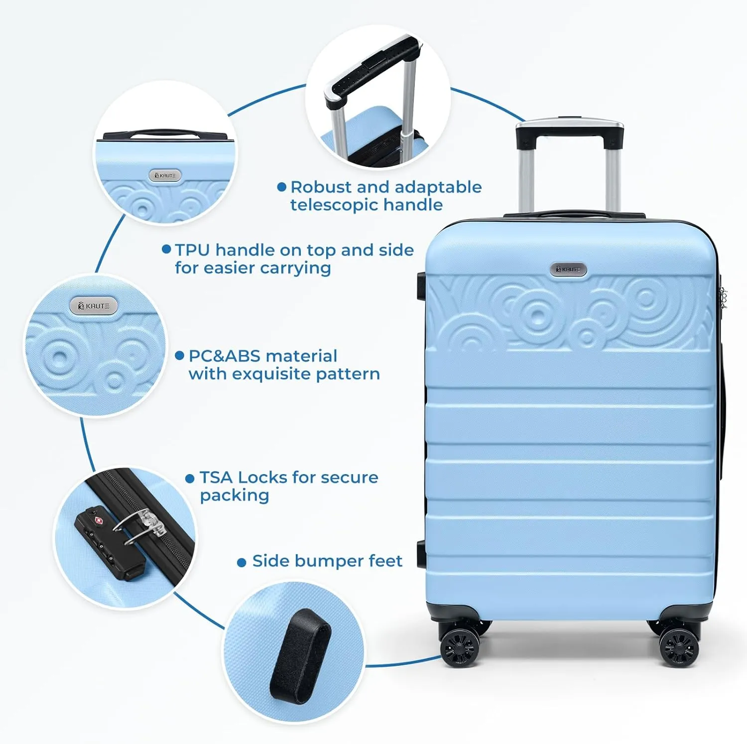 Krute Suitcase, 28 Inch Luggage With Spinner Wheels, Large Suitcase Lightweight Hard Shell PC ABS TSA Lock Checked LuggageLightBlue