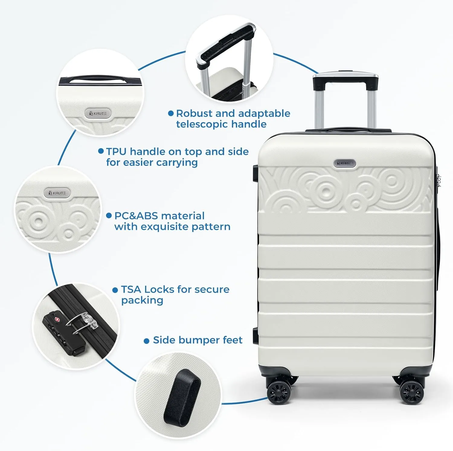Krute Suitcase, 28 Inch Luggage With Spinner Wheels, Large Suitcase Lightweight Hard Shell PC ABS TSA Lock Checked LuggageWhite