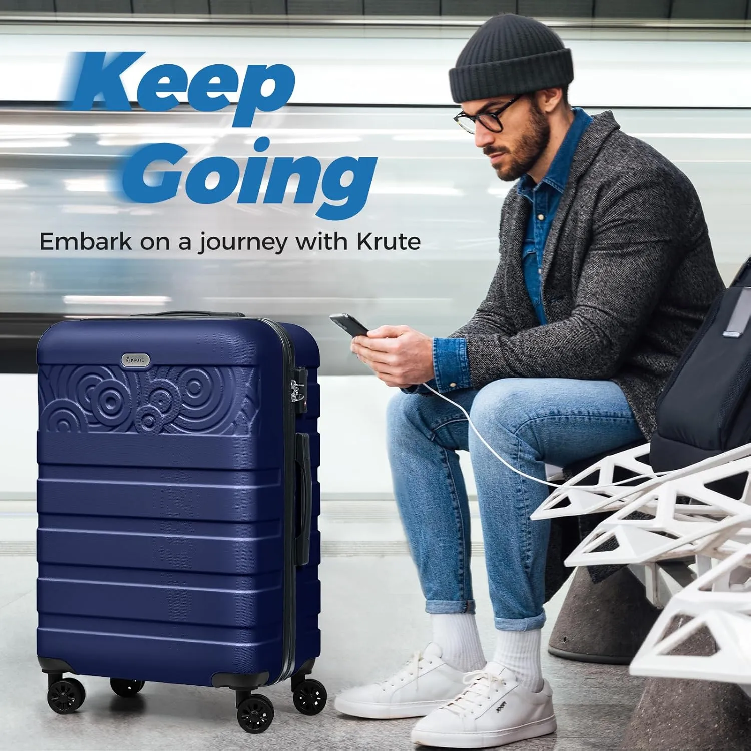 Krute Suitcases with Wheels, 24 Inch Checked Luggage with Spinner Wheels, Lightweight PC ABS TSA Lock Hard Shell Luggage Unique PatternsDarkBlue