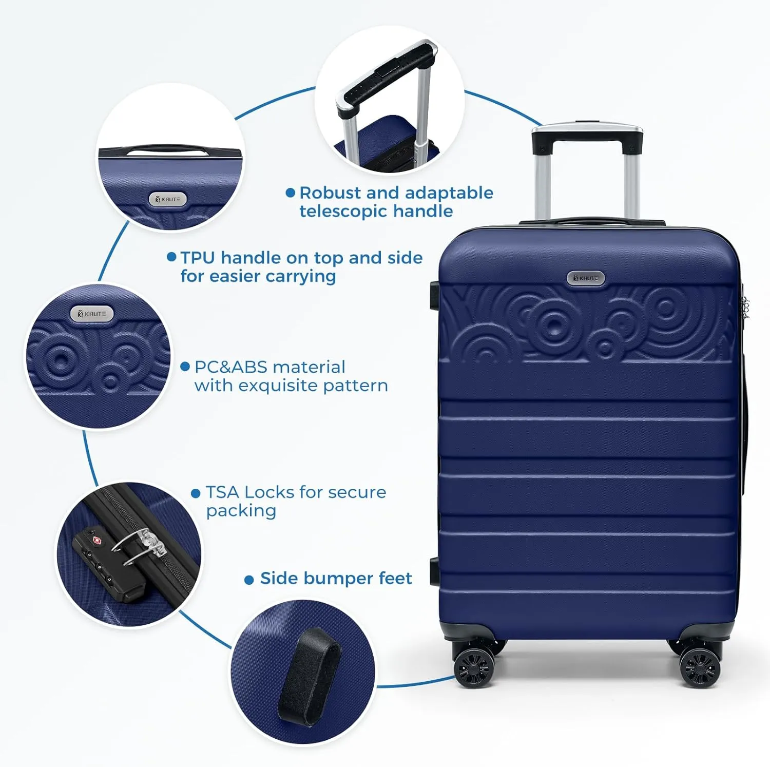 Krute Suitcases with Wheels, 24 Inch Checked Luggage with Spinner Wheels, Lightweight PC ABS TSA Lock Hard Shell Luggage Unique PatternsDarkBlue