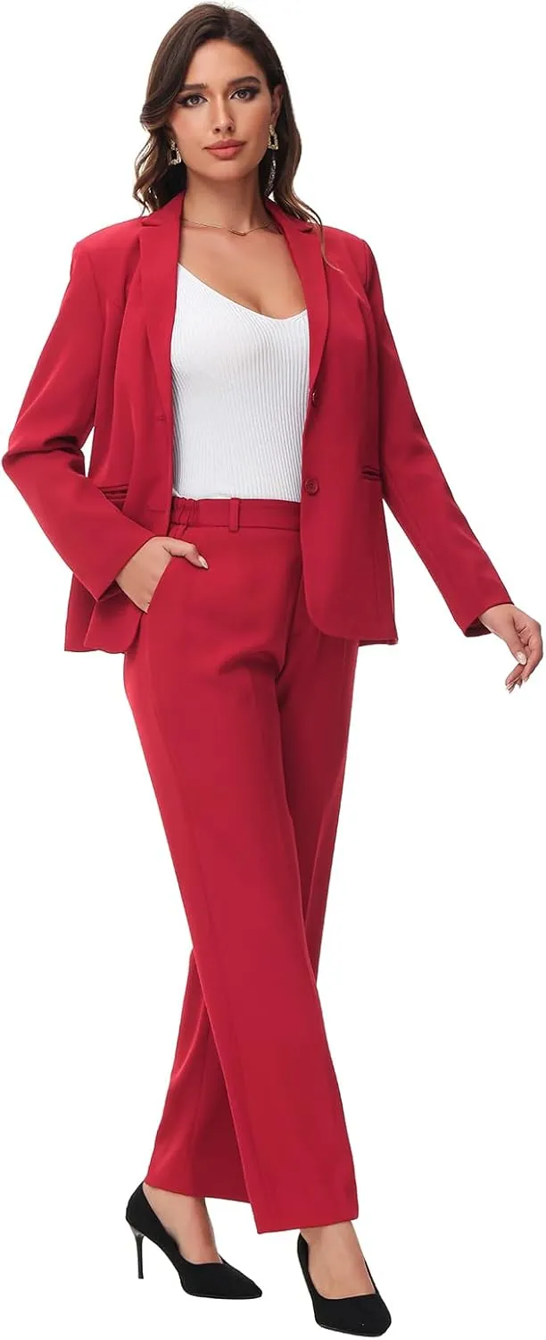 Lamgool Women's 2 Piece Business Suit Single Breasted Blazer Pant Set Slim Fit for Work Office Daily Wear