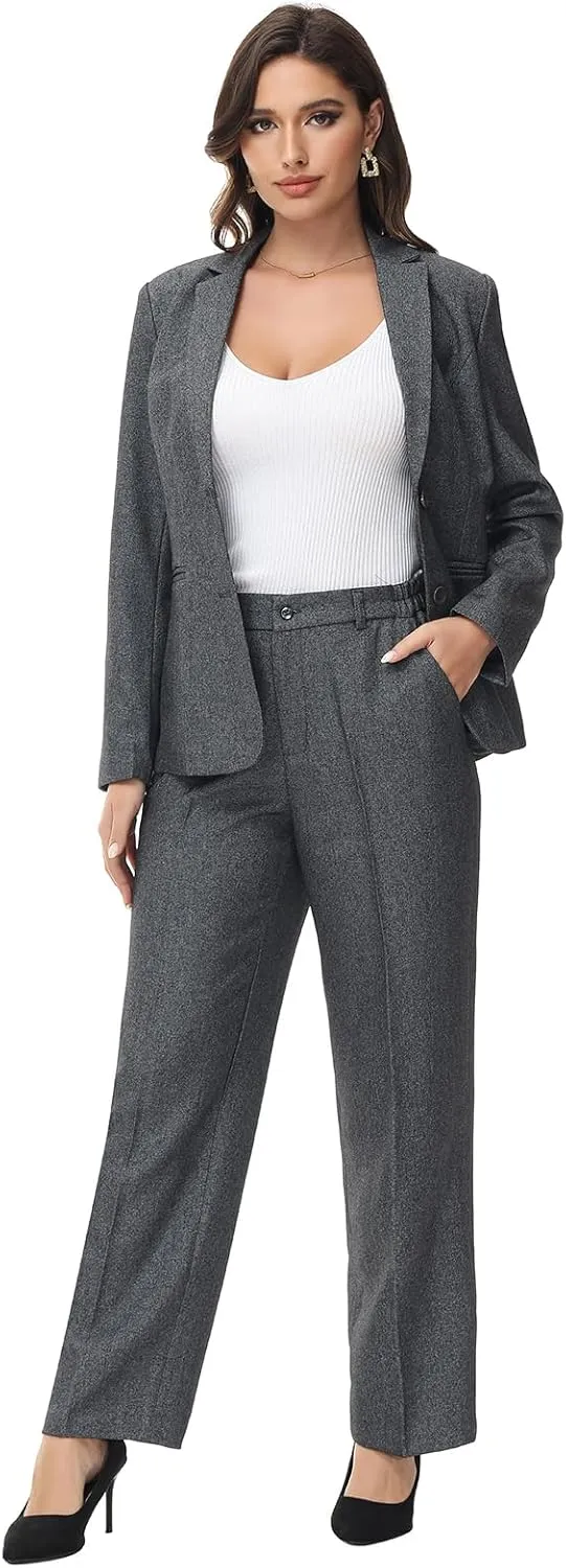 Lamgool Women's 2 Piece Business Suit Single Breasted Blazer Pant Set Slim Fit for Work Office Daily Wear