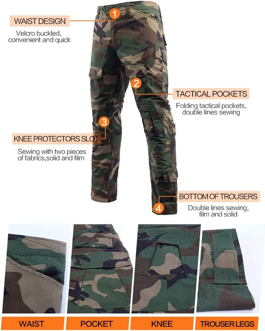 LANBAOSI Men's Tactical Combat Shirt and Pants Set Long Sleeve Woodland Hunting Military Uniform 1/4 Zip