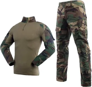 LANBAOSI Men's Tactical Combat Shirt and Pants Set Long Sleeve Woodland Hunting Military Uniform 1/4 Zip