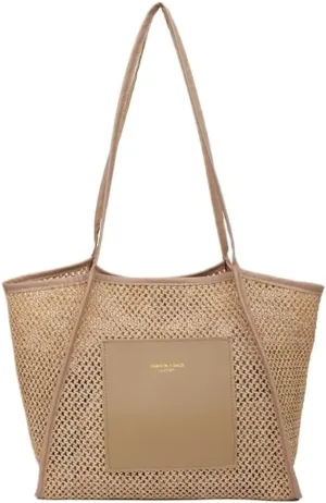 Large capacity Bag Stylish Straw Handbag with Leather Patches: Deduce Casual Style Ladies shoulder Bag(Beige)