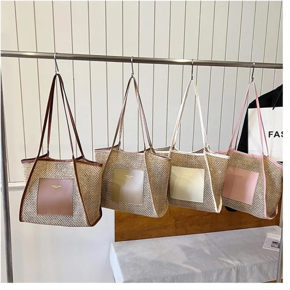 Large capacity Bag Stylish Straw Handbag with Leather Patches: Deduce Casual Style Ladies shoulder Bag(Pink)