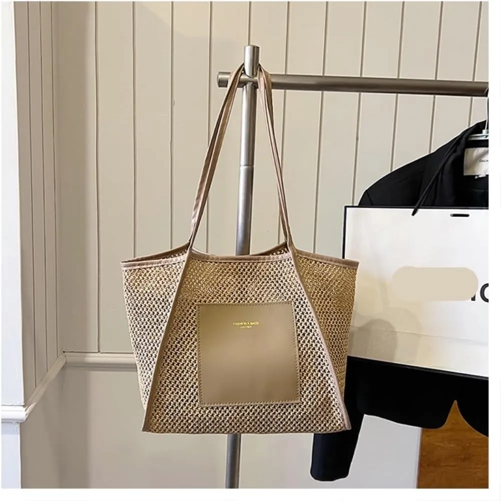 Large capacity Bag Stylish Straw Handbag with Leather Patches: Deduce Casual Style Ladies shoulder Bag(Pink)