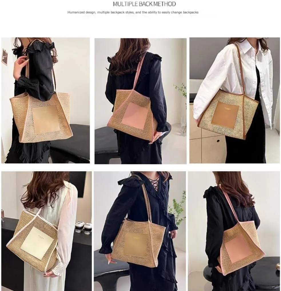 Large capacity Bag Stylish Straw Handbag with Leather Patches: Deduce Casual Style Ladies shoulder Bag(Pink)