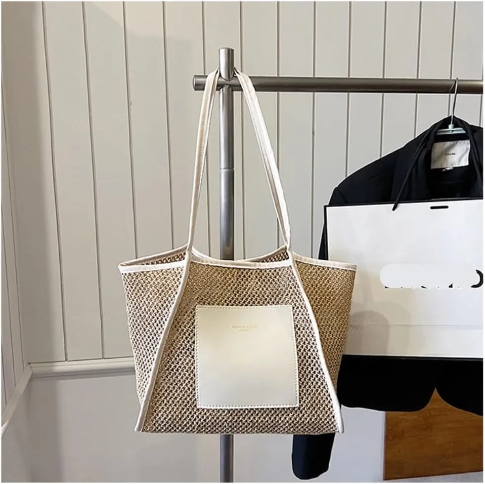 Large capacity Bag Stylish Straw Handbag with Leather Patches: Deduce Casual Style Ladies shoulder Bag(Pink)