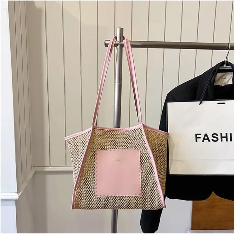 Large capacity Bag Stylish Straw Handbag with Leather Patches: Deduce Casual Style Ladies shoulder Bag(Pink)