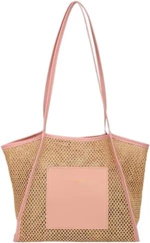 Large capacity Bag Stylish Straw Handbag with Leather Patches: Deduce Casual Style Ladies shoulder Bag(Pink)