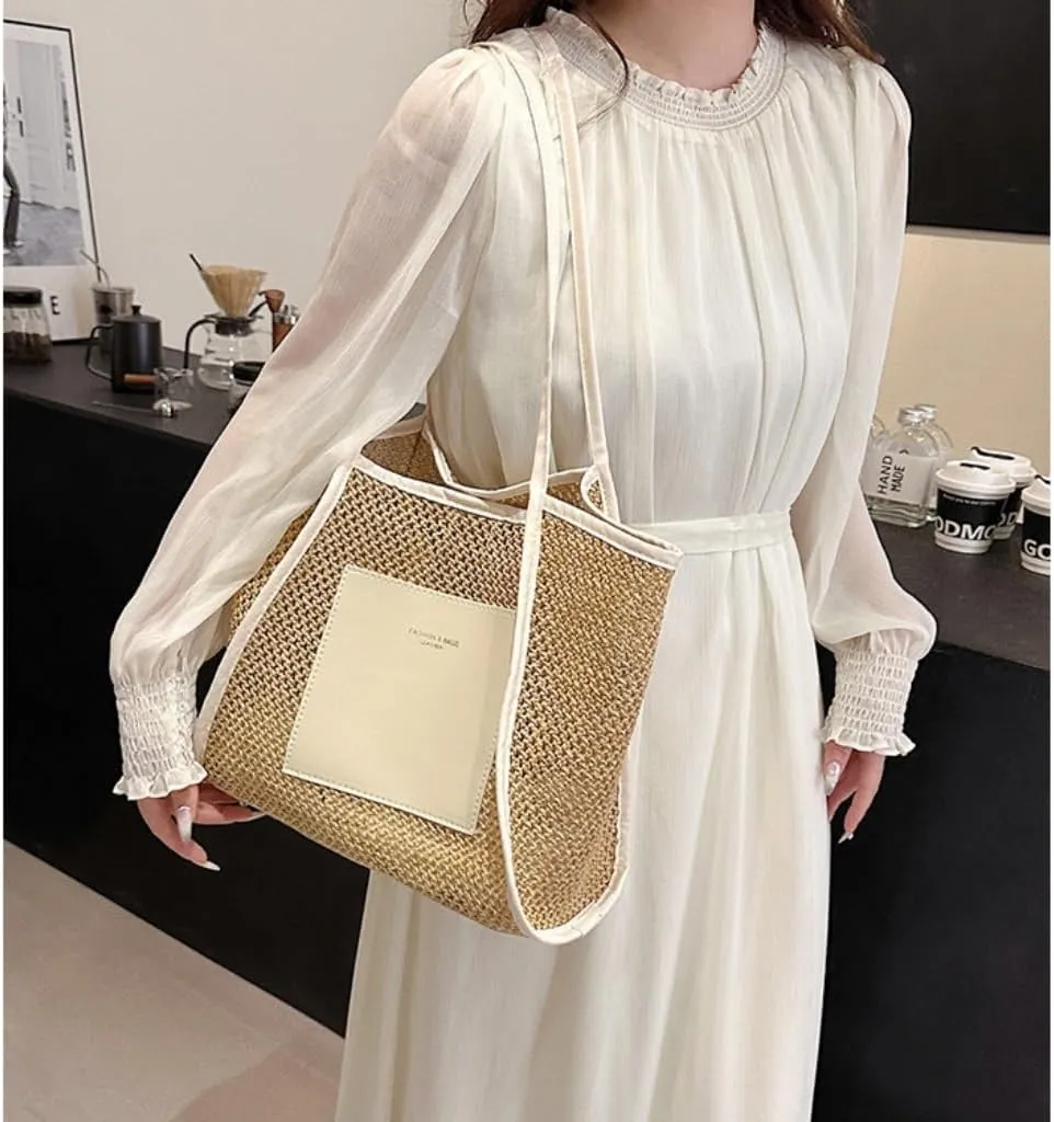 Large capacity Bag Stylish Straw Handbag with Leather Patches: Deduce Casual Style Ladies shoulder Bag(Pink)
