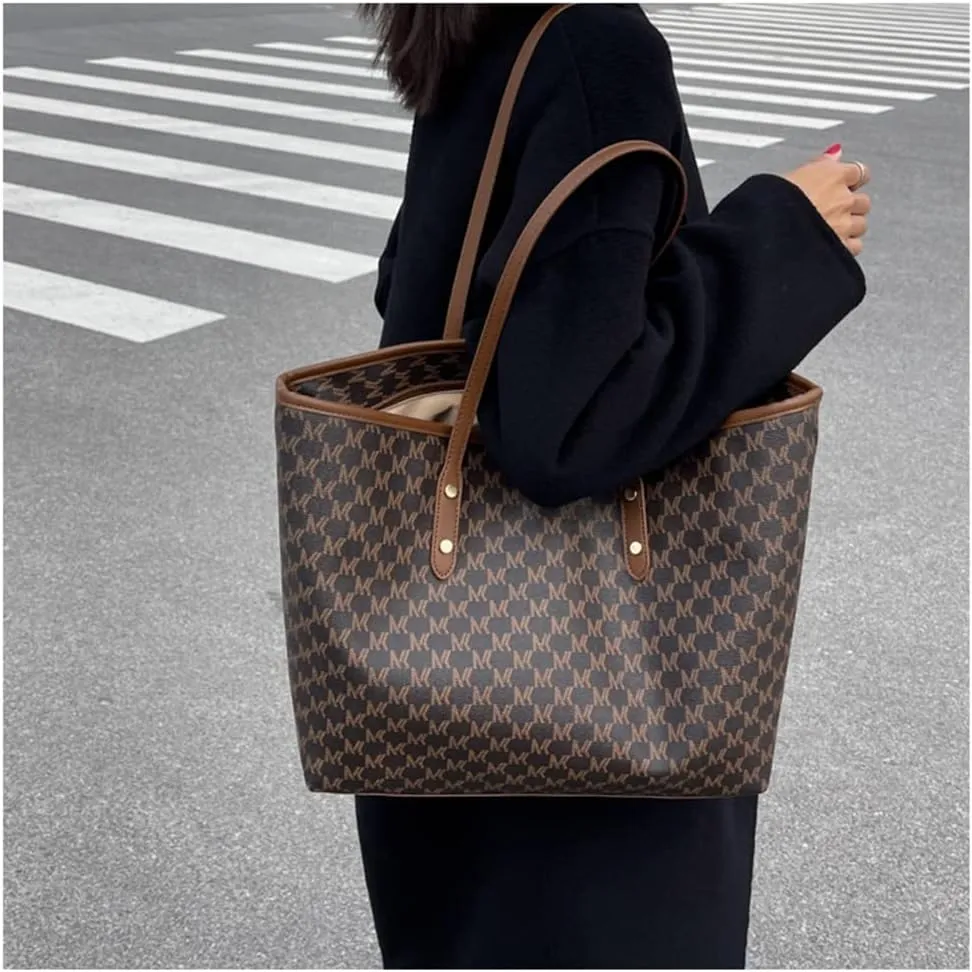 Large Plaid Tote Bag for Women - Stylish Leather Zipper Handbag & Shoulder Purse for Casual Commuting (Brown)