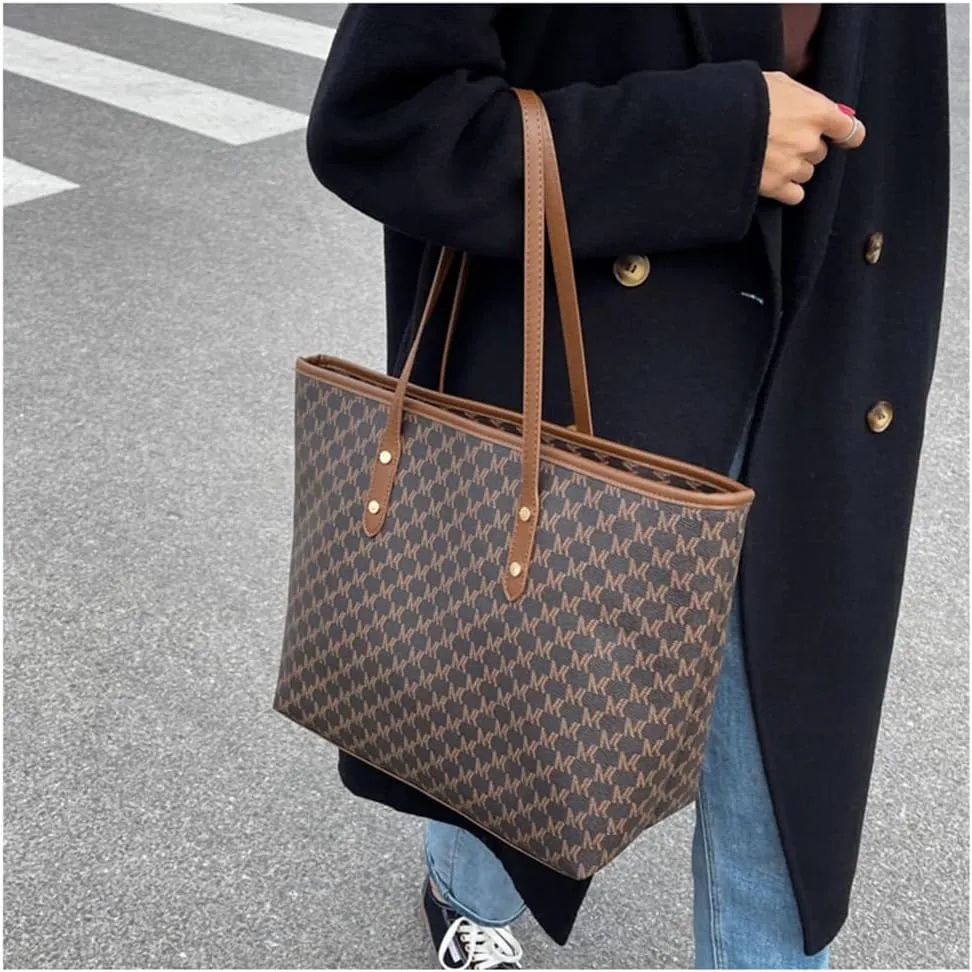 Large Plaid Tote Bag for Women - Stylish Leather Zipper Handbag & Shoulder Purse for Casual Commuting (Brown)
