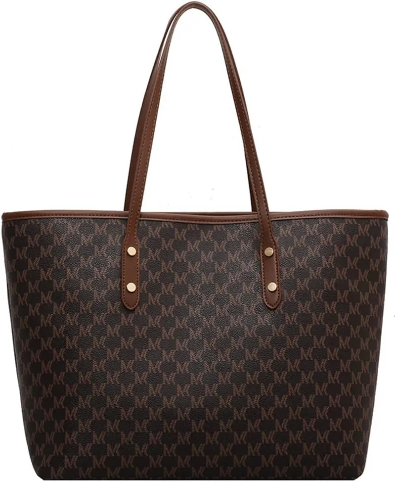 Large Plaid Tote Bag for Women - Stylish Leather Zipper Handbag & Shoulder Purse for Casual Commuting (Brown)