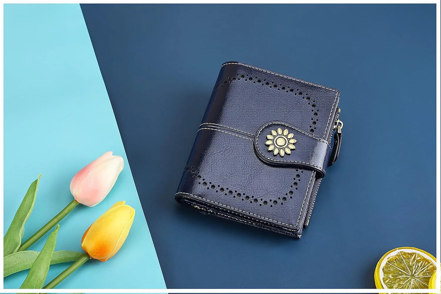 Lavemi Womens Leather Wallet Small Compact RFID Blocking Credit Card Case Purse with Zipper Pocket