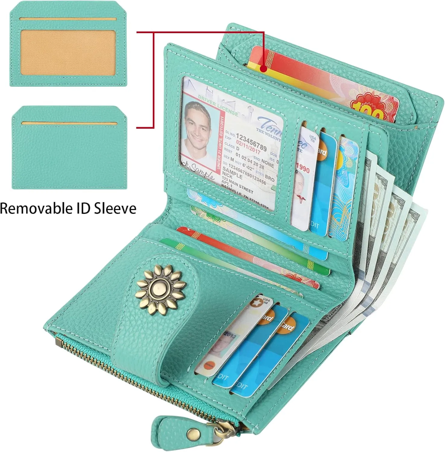 Lavemi Womens Leather Wallet Small Compact RFID Blocking Credit Card Case Purse with Zipper Pocket