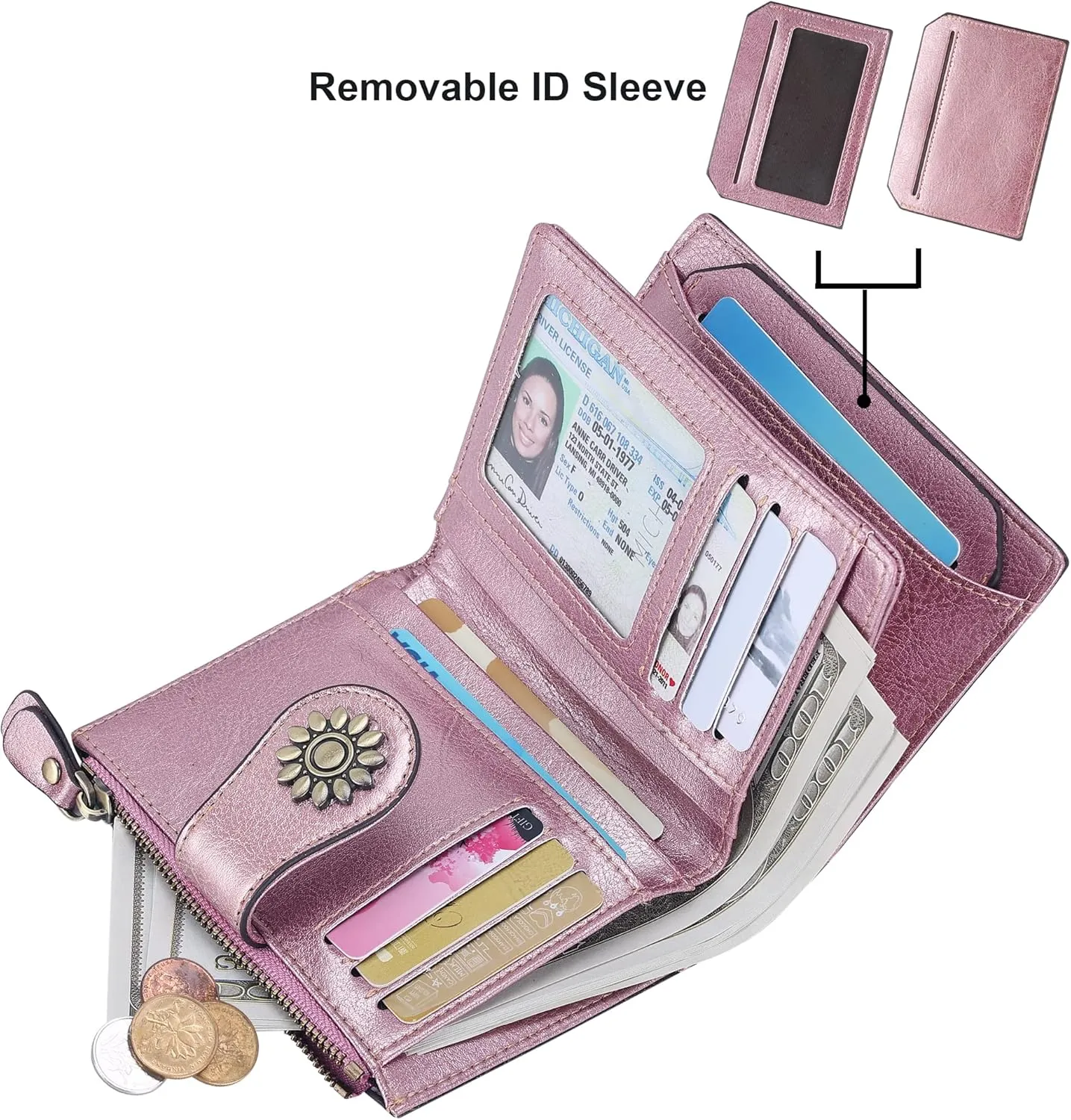 Lavemi Womens Leather Wallet Small Compact RFID Blocking Credit Card Case Purse with Zipper Pocket