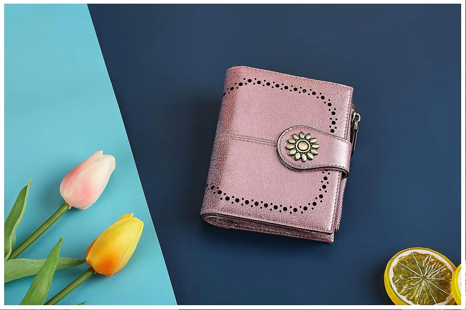 Lavemi Womens Leather Wallet Small Compact RFID Blocking Credit Card Case Purse with Zipper Pocket