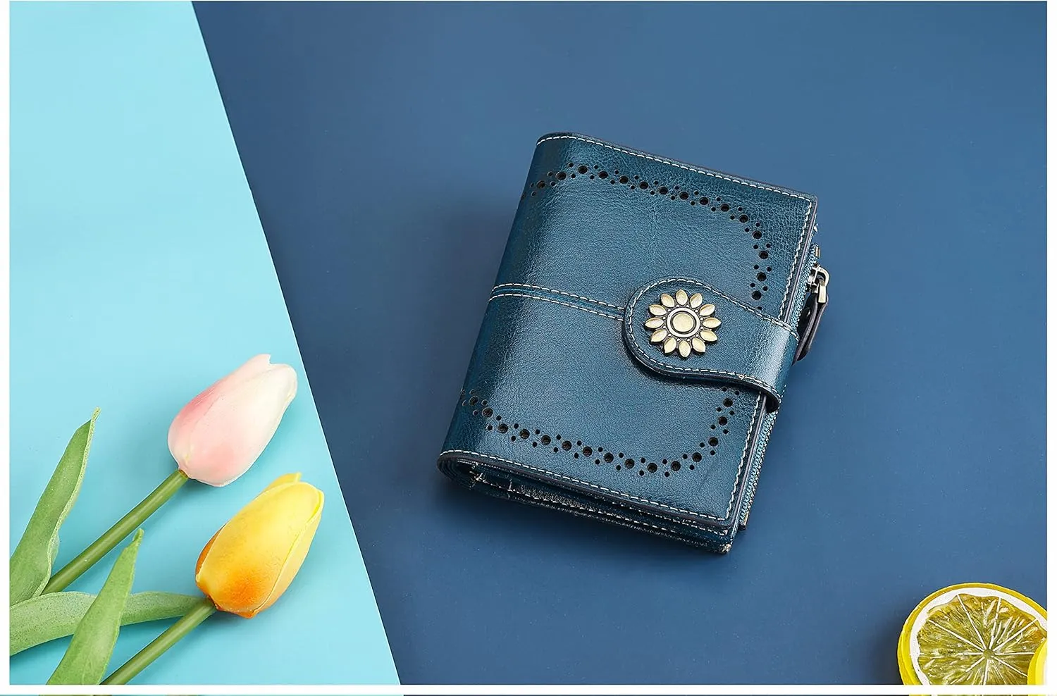 Lavemi Womens Leather Wallet Small Compact RFID Blocking Credit Card Case Purse with Zipper Pocket