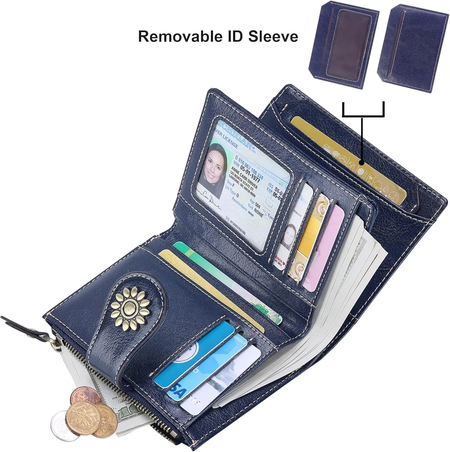 Lavemi Womens Leather Wallet Small Compact RFID Blocking Credit Card Case Purse with Zipper Pocket