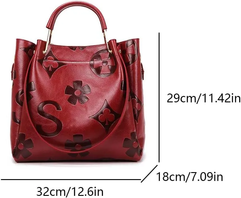 Leather Bucket Bag for Women Vintage Floral Embossed Tote Bag Shoulder Handbag Large Top Handle Satchel Handbag Trendy Purse