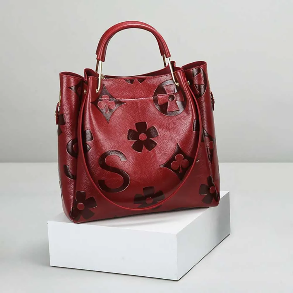 Leather Bucket Bag for Women Vintage Floral Embossed Tote Bag Shoulder Handbag Large Top Handle Satchel Handbag Trendy Purse