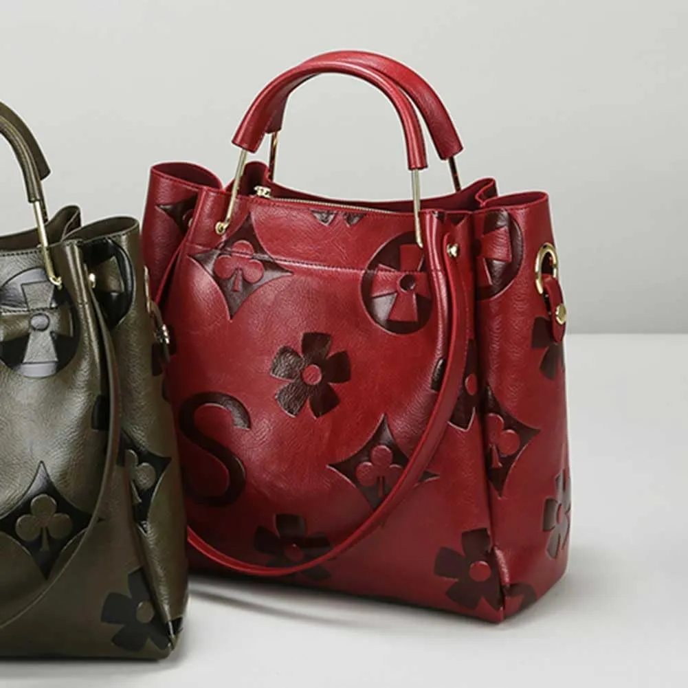 Leather Bucket Bag for Women Vintage Floral Embossed Tote Bag Shoulder Handbag Large Top Handle Satchel Handbag Trendy Purse