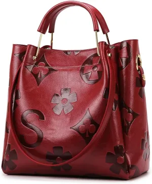 Leather Bucket Bag for Women Vintage Floral Embossed Tote Bag Shoulder Handbag Large Top Handle Satchel Handbag Trendy Purse