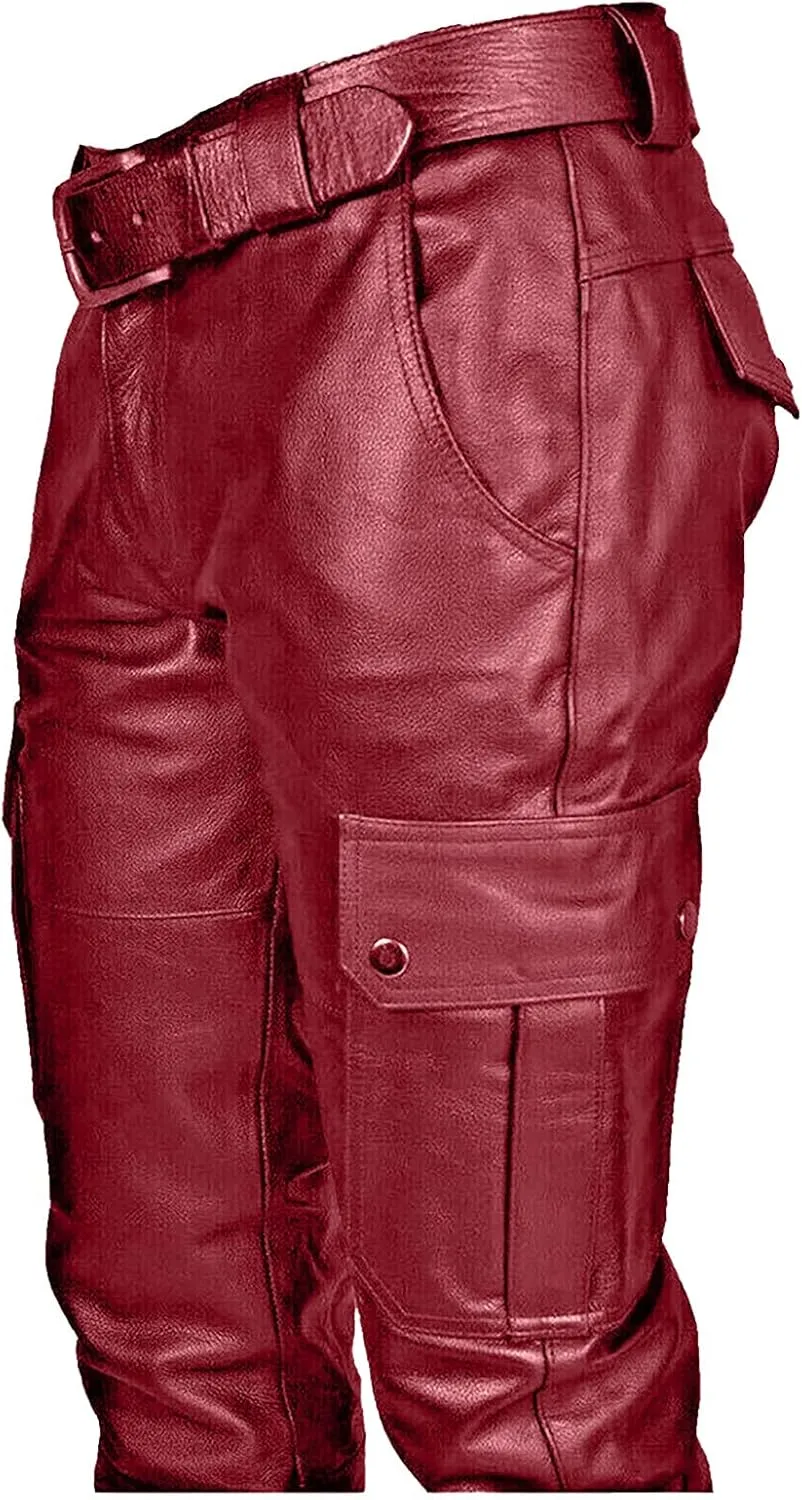 Leather Pants for Men Slim Fit Retro Punk Gothic Motorcycle Pants Lightweight Plus Size Comfy Athletic Casual Trousers