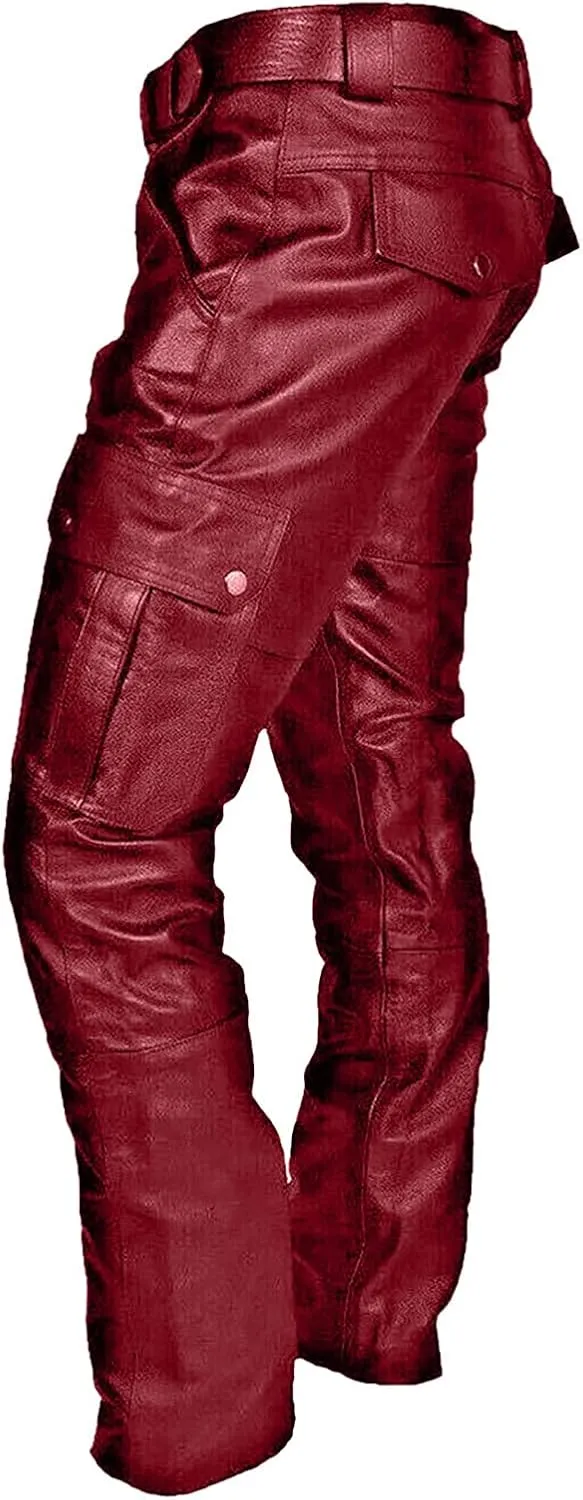 Leather Pants for Men Slim Fit Retro Punk Gothic Motorcycle Pants Lightweight Plus Size Comfy Athletic Casual Trousers