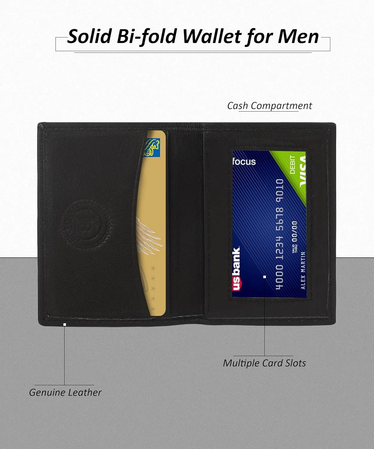 Leatherboss Genuine Leather Small Slim Bifold Wallet | Credit, Debit, ID Card Holder | Compact & Stylish with Clear ID Windows | Gift for Men, Black