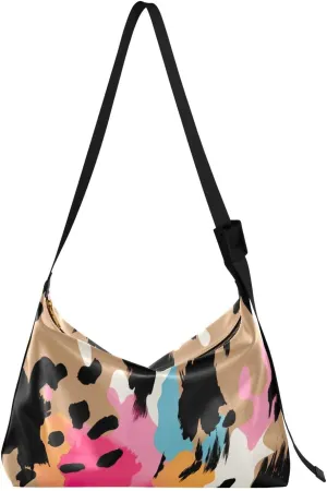 Leopard Fashion Rainbow Leather Hobo Bag for Women Men Casual Shoulder Bag with Adjustable Strap Large Capacity Tote Handbag