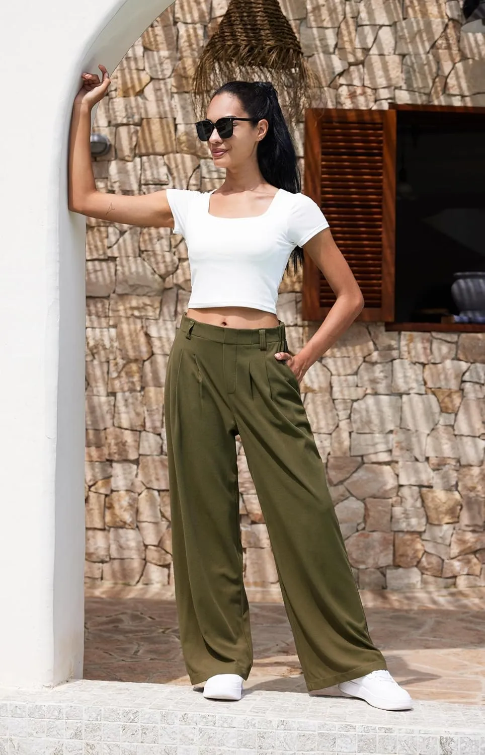 Libin Women's Casual Wide Leg Lounge Pants 27/29" High Waisted Flowy Slacks Work Dress Palazzo Pants Yoga Trousers