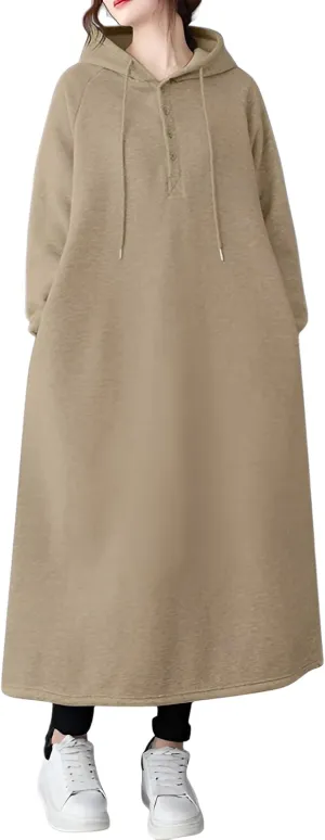 lilaBelle]Long Sleeve Hoodie Dress for Women Fall Fashion Oversized Casual Maxi Dress, Solid Color Sweatshirt-Style A-Line Dress with Hood, Comfy Elegant Lounge Dress for Daily Wear (S-5XL, //Navy)